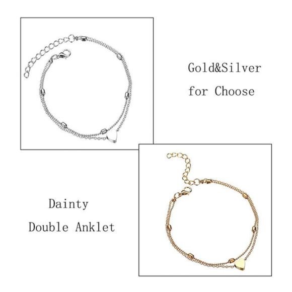 Layered Anklets Women Heart Gold Ankle Bracelet Charm Beaded Dainty Foot Jewelry - Picture 3 of 5